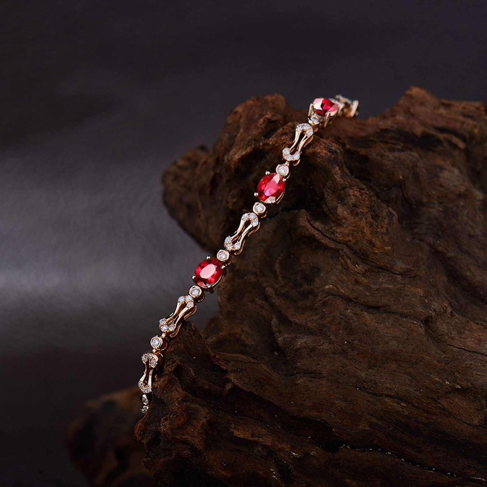 Pulseras Mujer Oro Rosa 9K / 14K / 18K, Oval con Rubí de 2 ct y Diamante de 0,62 ct, Cadena 16 CM, Pulseras Oro Rosa Mujer de