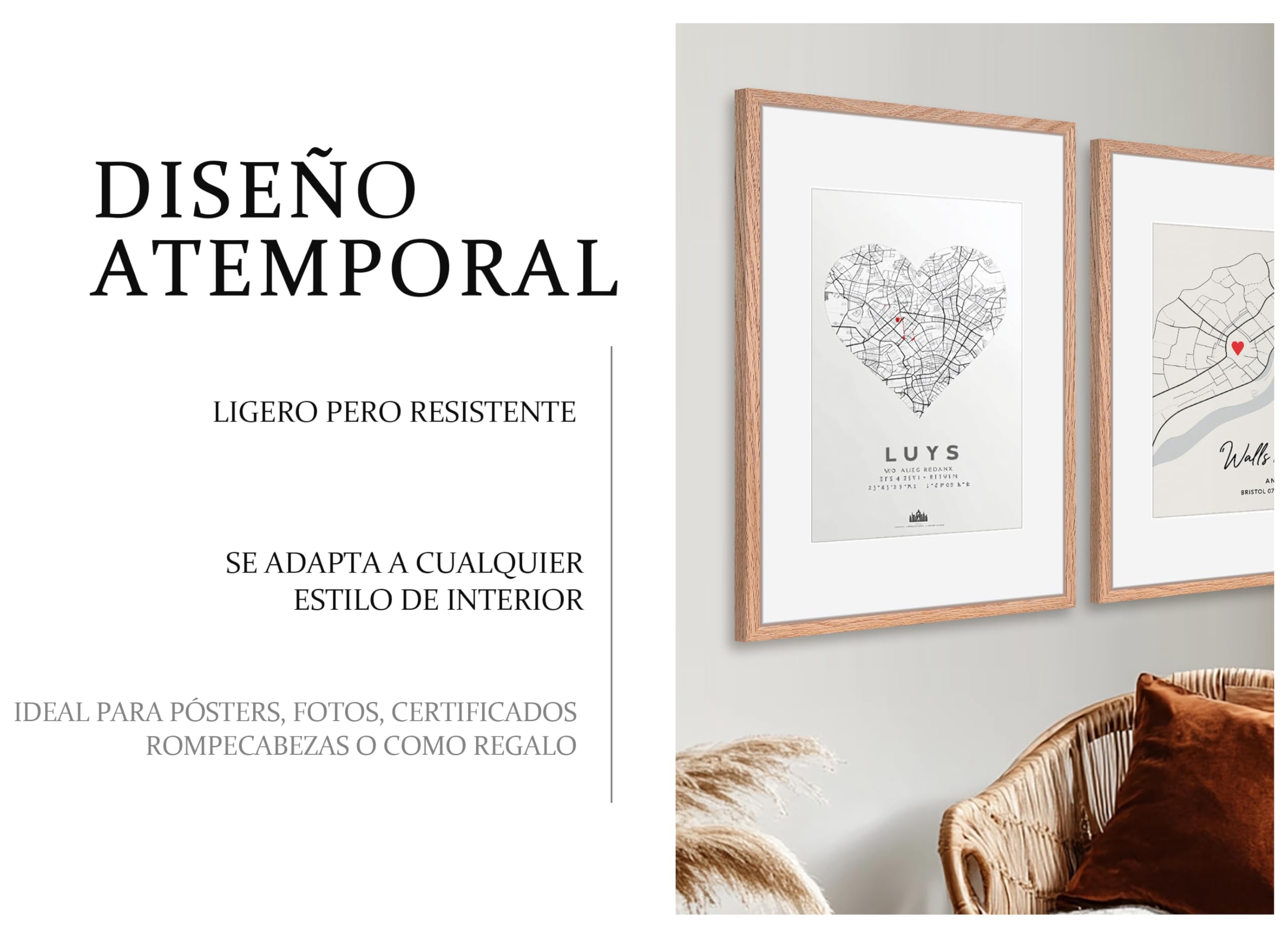HIMEETIME® 1x Marco de Fotos - A2 42x59.4 cm,Madera de Roble | Passepartout 30x42cm | Marco 42x60 Grande para Diplomas - Solo para Montaje en Pared
