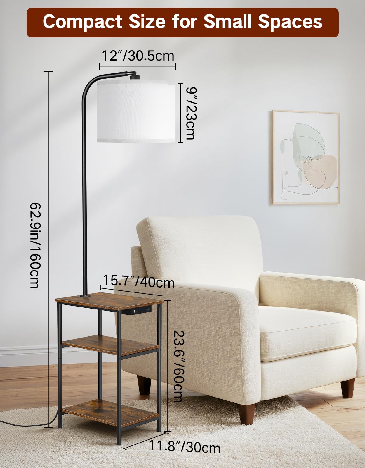 Stehlampe mit Tisch & Regal, Dimmbar LED mit Fernbedienung, 3 Farbtemperaturen, Beistelltisch mit USB-Ladefunktion für Wohnzimmer Schlafzimmer Büro
