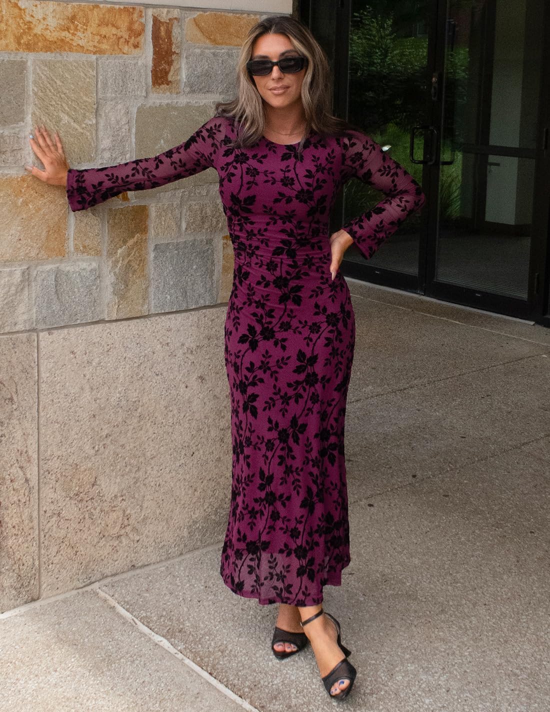 ZESICA Women's Long Sleeve Floral Bodycon Dress 2026 Spring Fall Ruched Mesh Wedding Guest Cocktail Party Maxi Dresses - Image 4