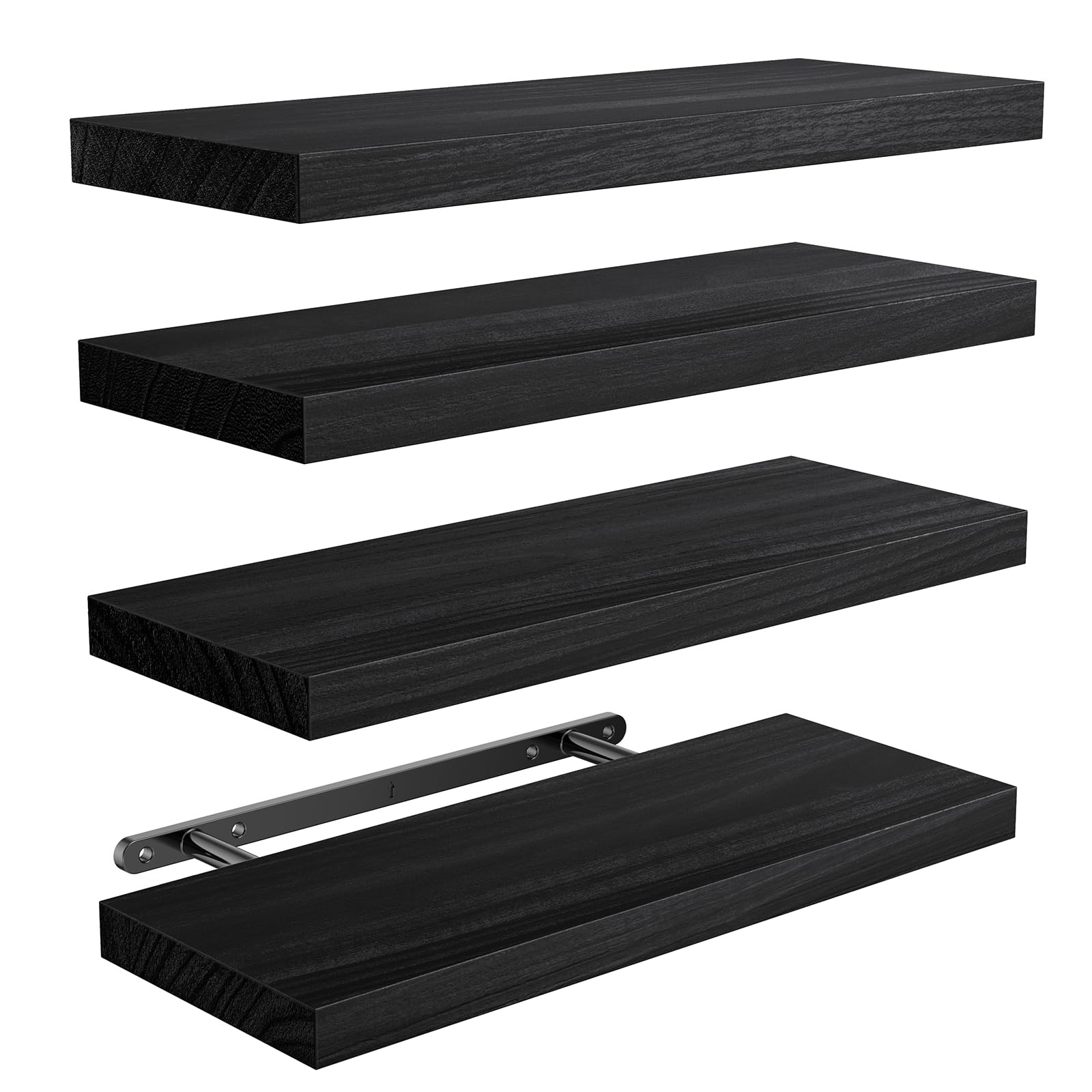 AMADA HOMEFURNISHING Floating Shelves, 40cm Paulownia Wood Wall Shelves for Living Room/Bedroom/Kitchen/Home Office, Wood Floating Shelf for Home Storage & Organization, Set of 4, Black