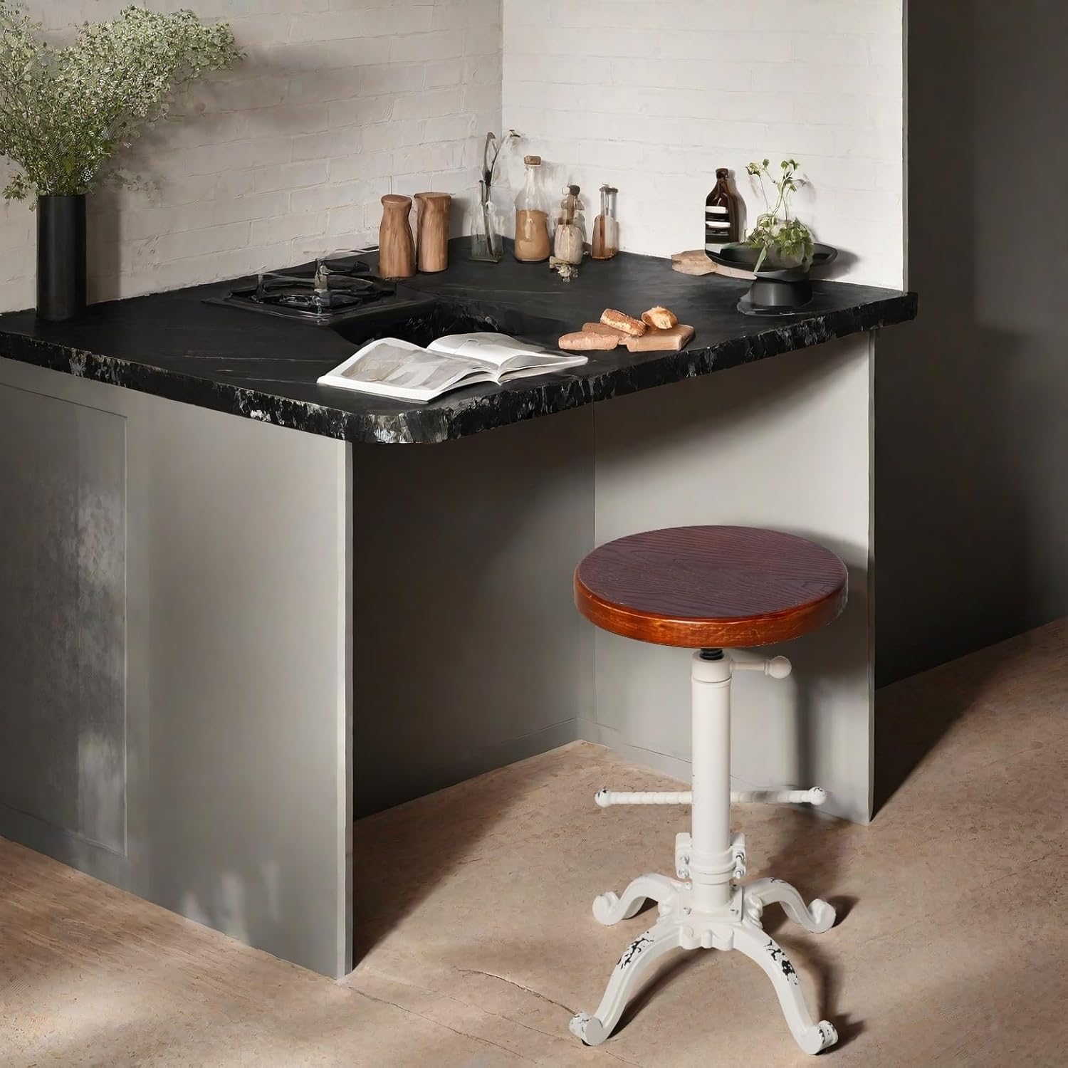 21-27inch Height Adjustable Bar Stool-Industrial Counter Kitchen Island Stool-Rustic Coffee Guest Chair-Vintage Working Drafting Stool-with Swivel Wooden Seat