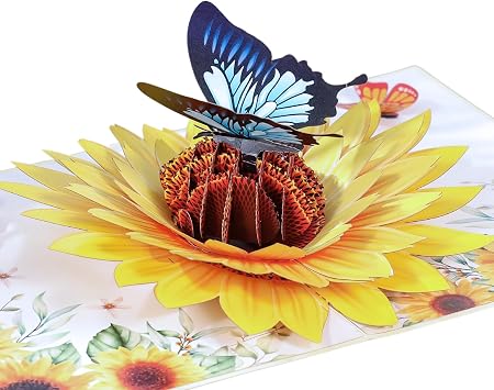 SISTIMON Sunflower & Butterfly Pop Up Mothers Day Card, 3D Popup Birthday Card 6x 8, Ideal Gift for Mothers Day, Anniversary, Valentines, Thank You, All Occasion for Women, Wife, Mom, Grandma, Her