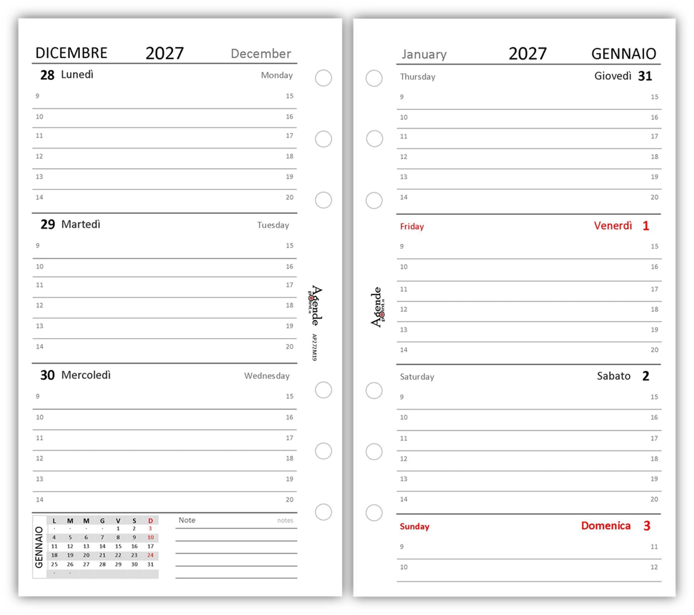 Agenda Organizer Settimanale 2027 Bilingue Bianco 9,5x17cm 90gr 2 Pagine per Settimana