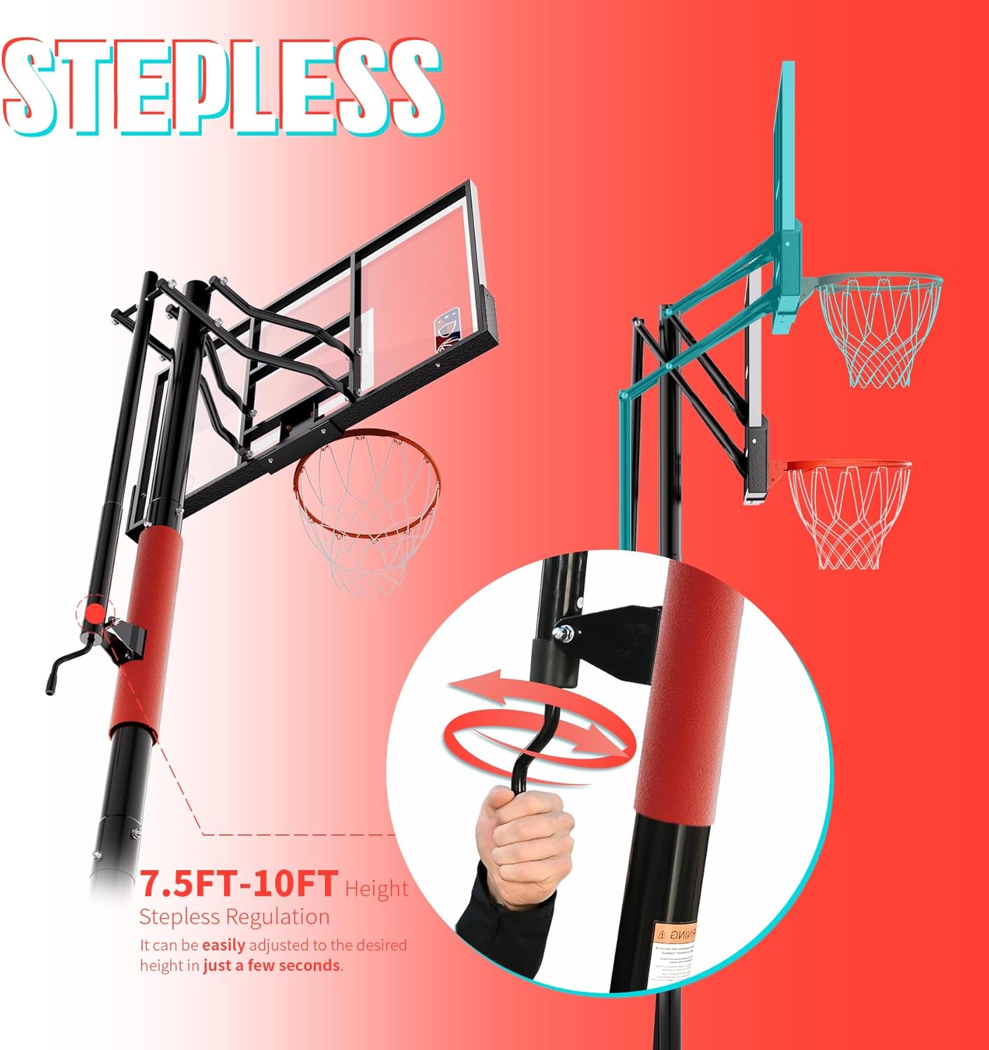 Skytime Basketball Hoop Inground,54in Backboard Basketball Goal System,7.5-10FT Crank Adjustable Basketball Hoop Outdoor