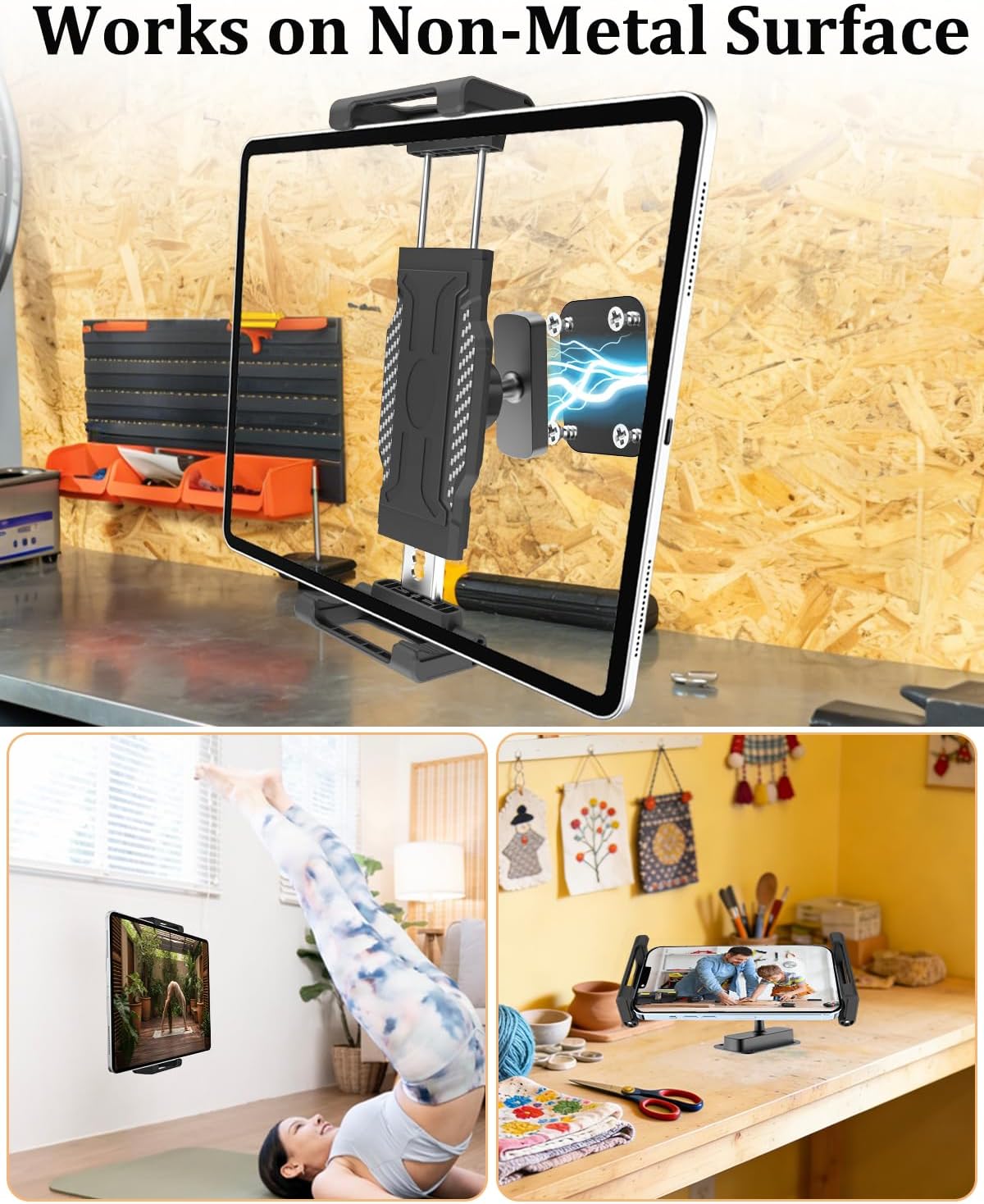 Magnetic Tablet Holder for Metal Surfaces, for iPad Mount for Garage & Workshop, Strong Magnet Base with Adhesive or Screw Mount Plate, 360°Adjustable, Fits 6–15.6” Tablets & Phones