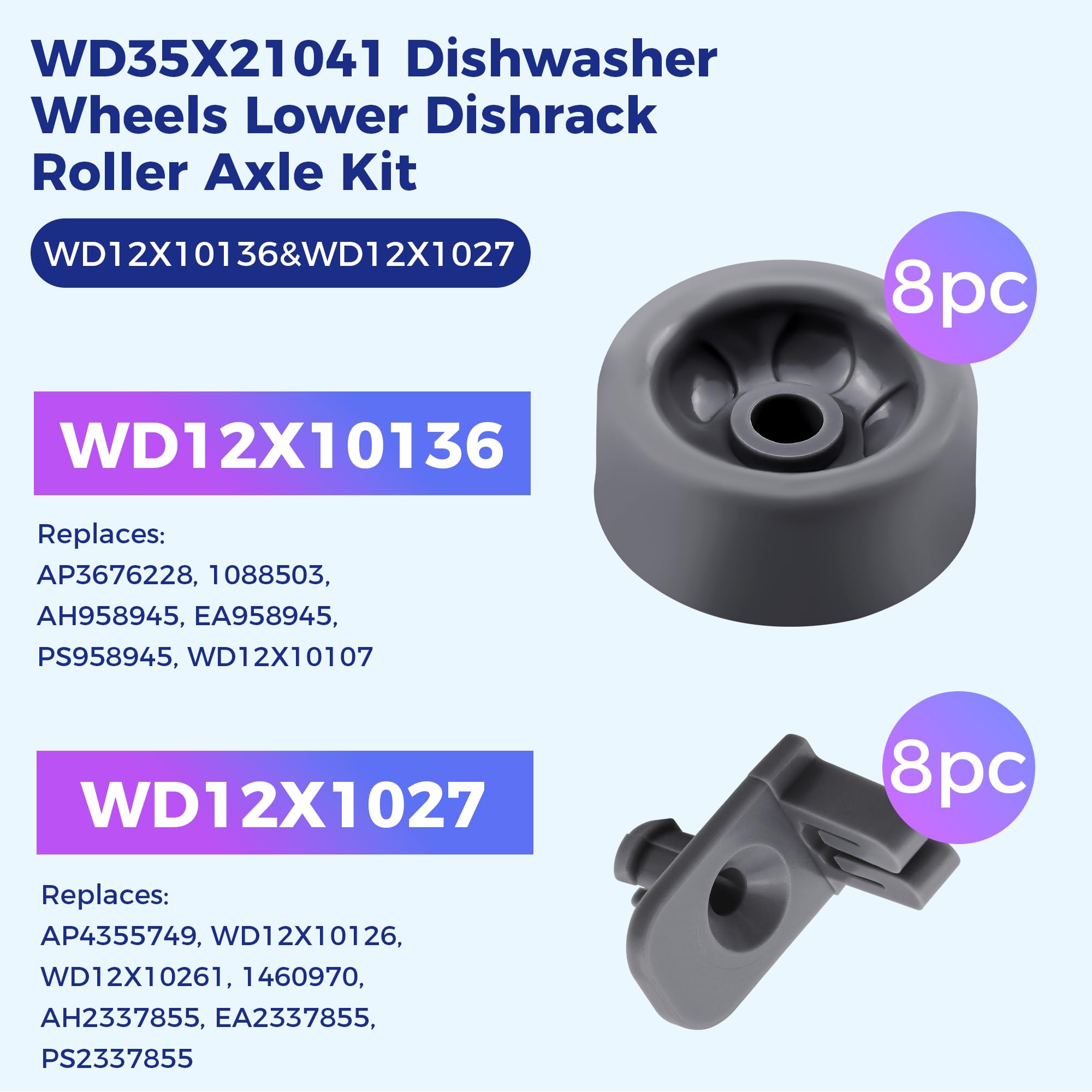 WD35X21041 Geschirrspüler-Räder, untere Entstörungsrolle, Achsen-Kit WD12X10136 WD12X10277 Ersatz für GE-Profil, untere Rack-Kit, 8 Stück Bolzen und 8 Stück Rollen