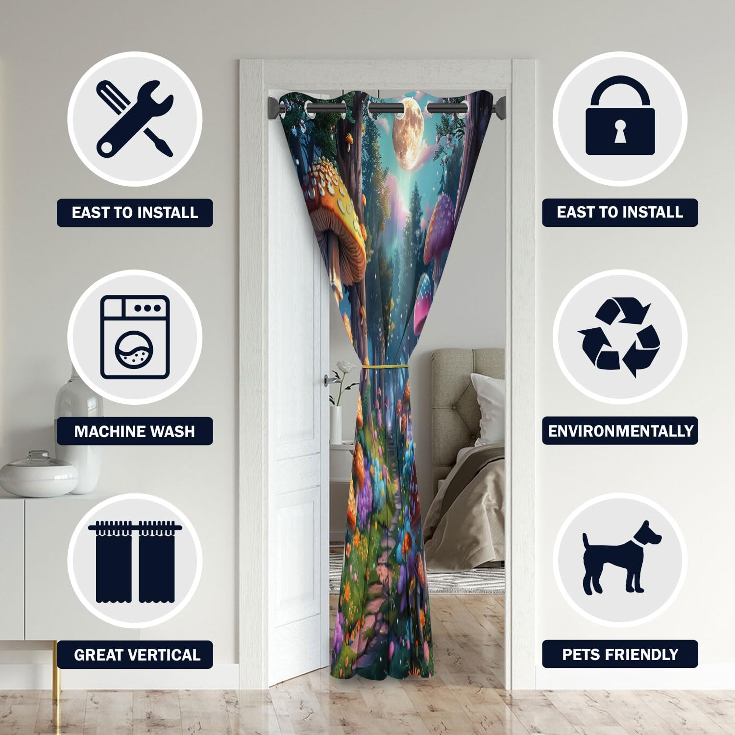 Forest Fairy Tales Door Curtains for Doorways, Mushroom Wonderland Botanical Blackout Curtain for Kids Bedroom Closet, Grommet Thermal Insulated Privacy Door Drapes for Room Divider, 42"W x 80"L