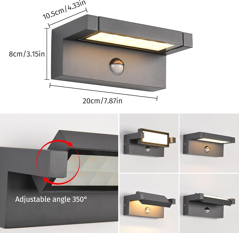 KUKAK LED Fali Lámpa Mozgásérzékelővel, 22W, IP65 Vízálló, Meleg Fehér, 350° Forgatható