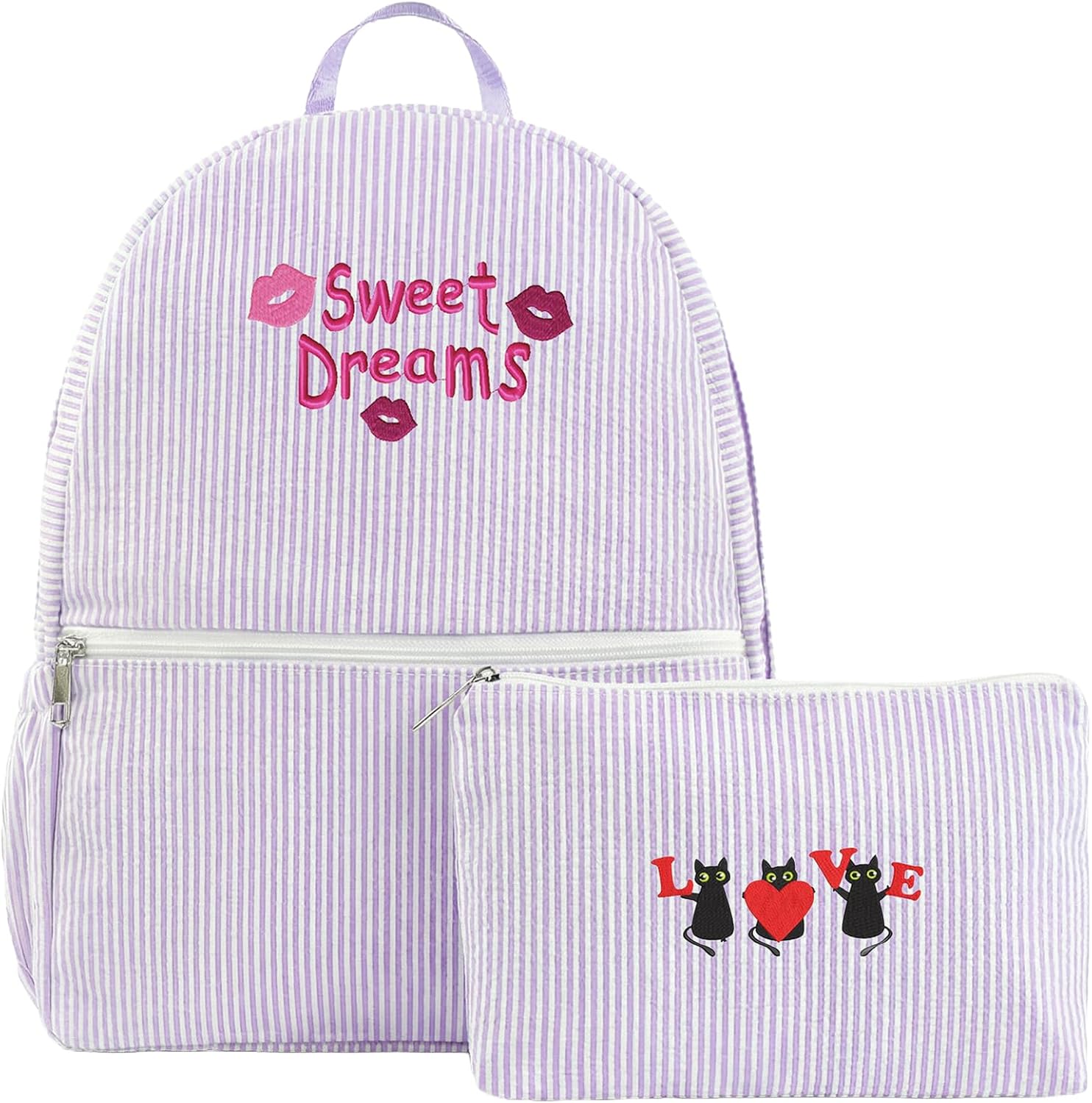 Personalized Seersucker Backpack & Pouch Set with Custom Name & Icon - Embroidered Striped Daypack for Women & Adults - Aesthetic Preppy Bag for Travel, Vacation, Gym & Beach (Icon Only)