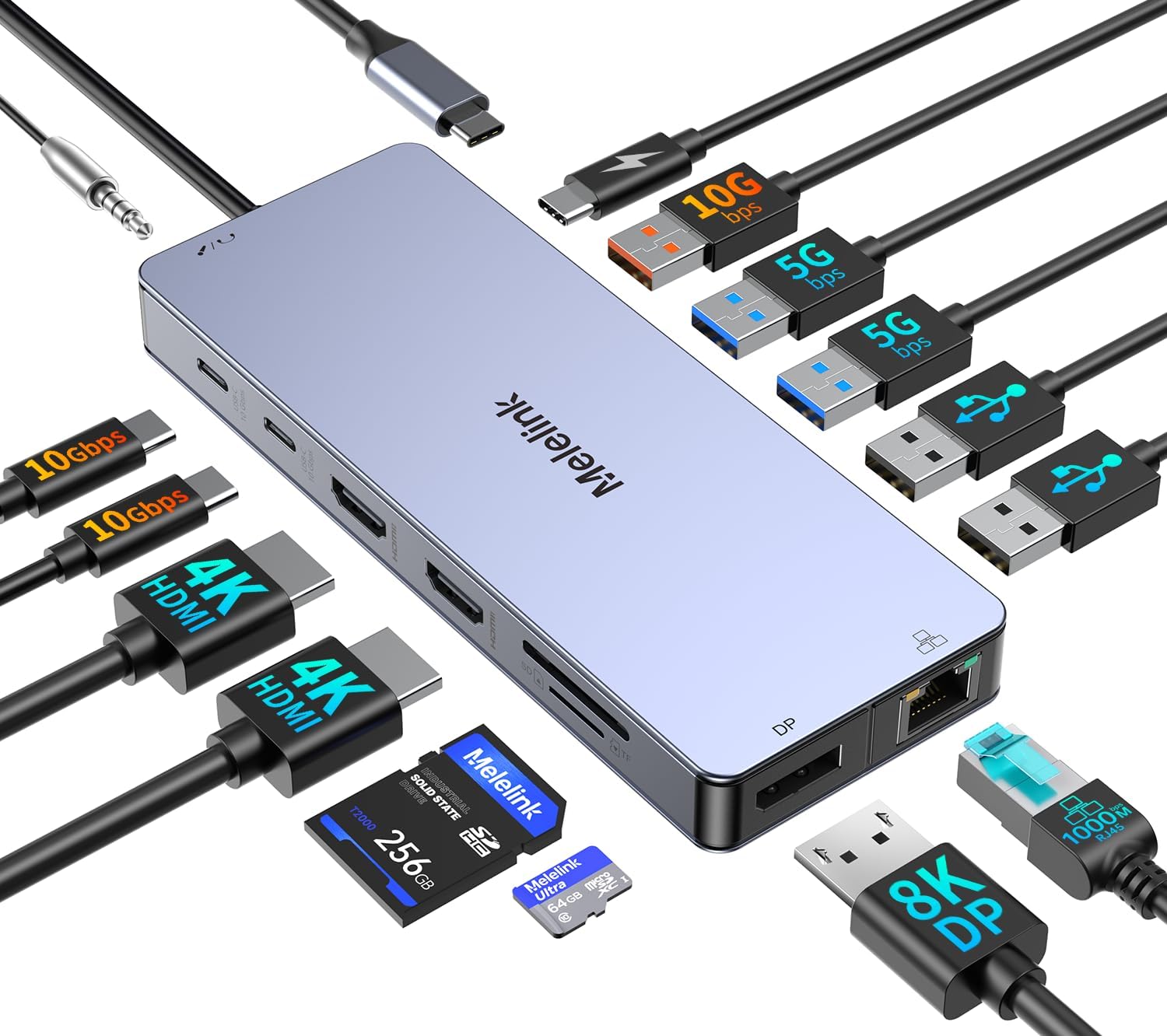 Hub USB C 15 en 1 Melelink para Dell/Lenovo/HP, Dual Monitor