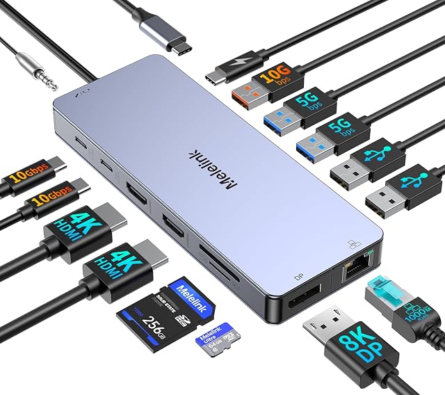 USB C Station d'arrimage pour Ordinateur portable Dual Monitor, USB-C Adaptateur Hub Multiport 15 en 1 Dongle avec 2 HDMI, DisplayPort,100W PD,Ethernet,2 USB-C 10Gbps,5 USB-A,SD/TF, USBC Dock pour MacBook/Dell/HP/Lenovo
