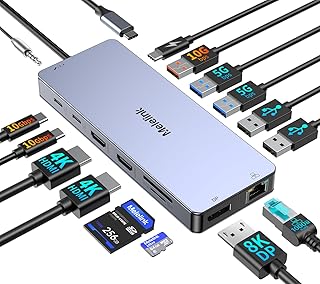 Melelink 15-in-1 USB-C Docking Station, Triple Display 2 HDMI 4K, 8K DisplayPort, 7 USB, PD, SD/TF, Ethernet, 3.5mm Hub for Dell, Lenovo, HP and Microsoft