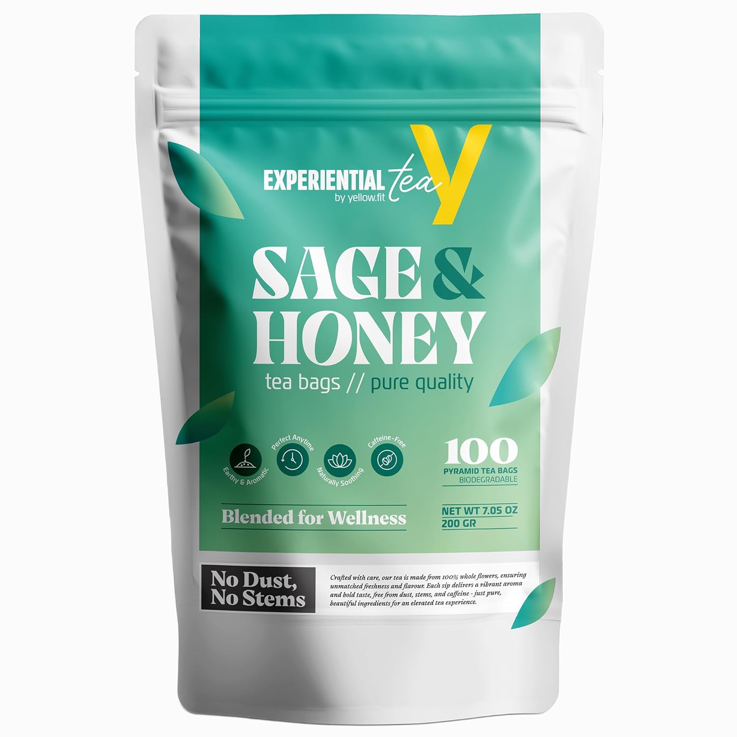 Yellow.fit Sage & Honey Herbal Tea Bags – 1500mg Loose Leaf Tea Bags, Caffeine-Free Herbal Tea with Sage Leaves & Honey Flavor, Plant-Based Tea Bags, 100 Count