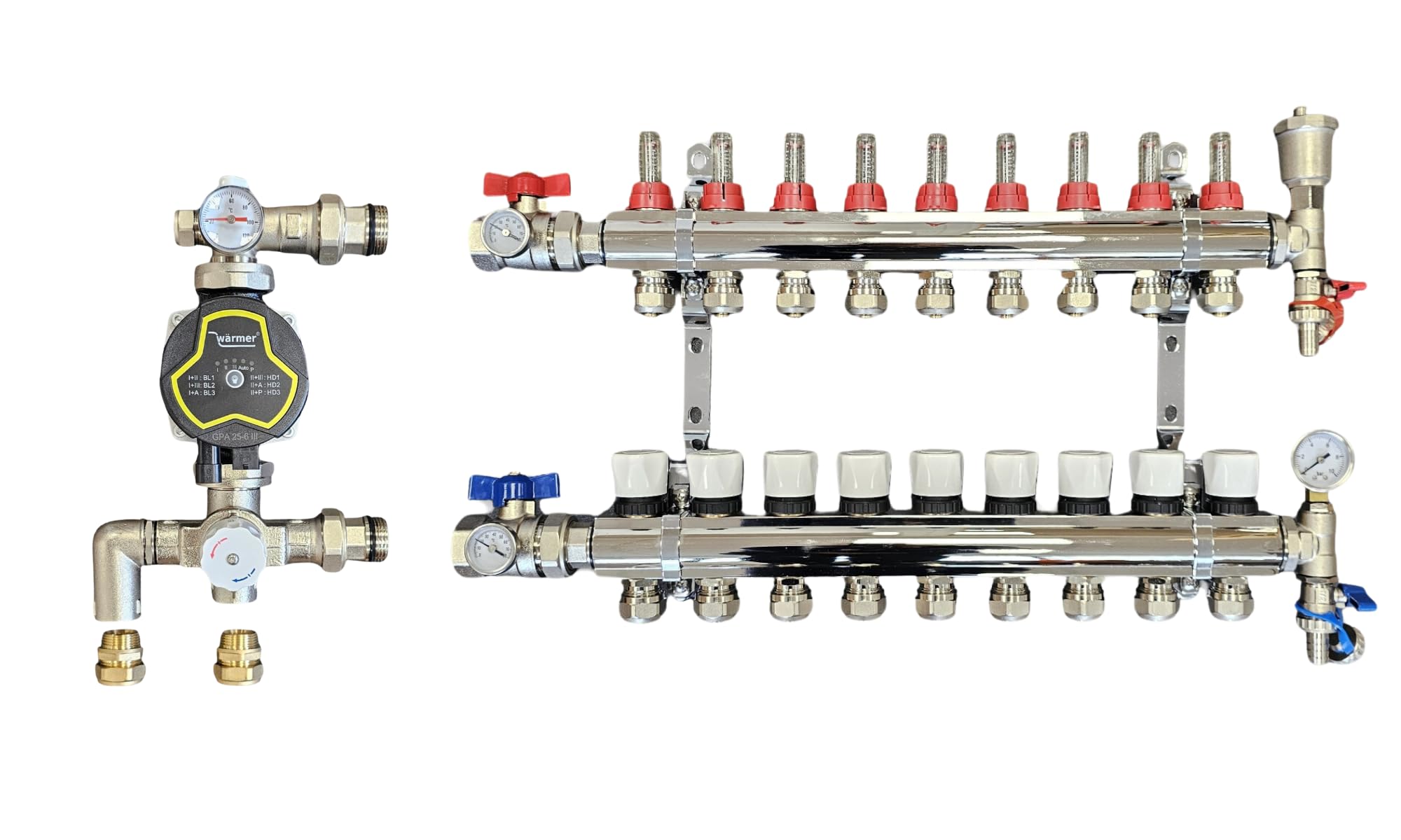 Wärmer System 9 Port Underfloor Heating Manifold with 'A' Rated Auto Pump GPA25-6 III and Blending Valve Set