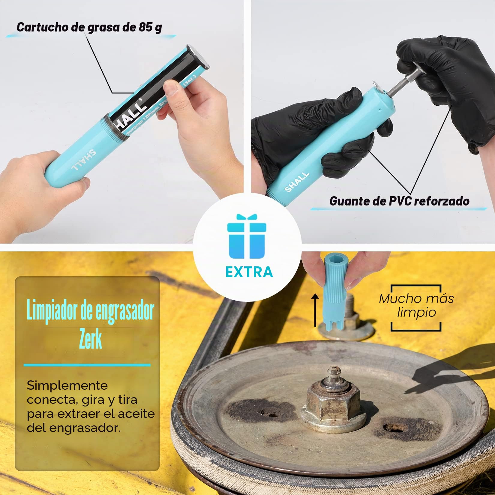 SHALL Mini pistola engrasadora, kit de pistola engrasadora pequeña (capacidad de 3.52 oz, 3000 PSI), boquilla afilada, adaptador de extensión, guante de PVC reforzado y limpiador de accesorios Zerk