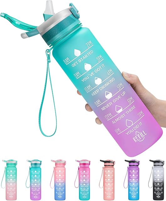 MEITAGIE 1L Motivational Water Bottle with Time Marker, Leak-proof Drink Bottle with Fruit Strainer or straw, Perfect for Fitness, Gym and Outdoor Sports