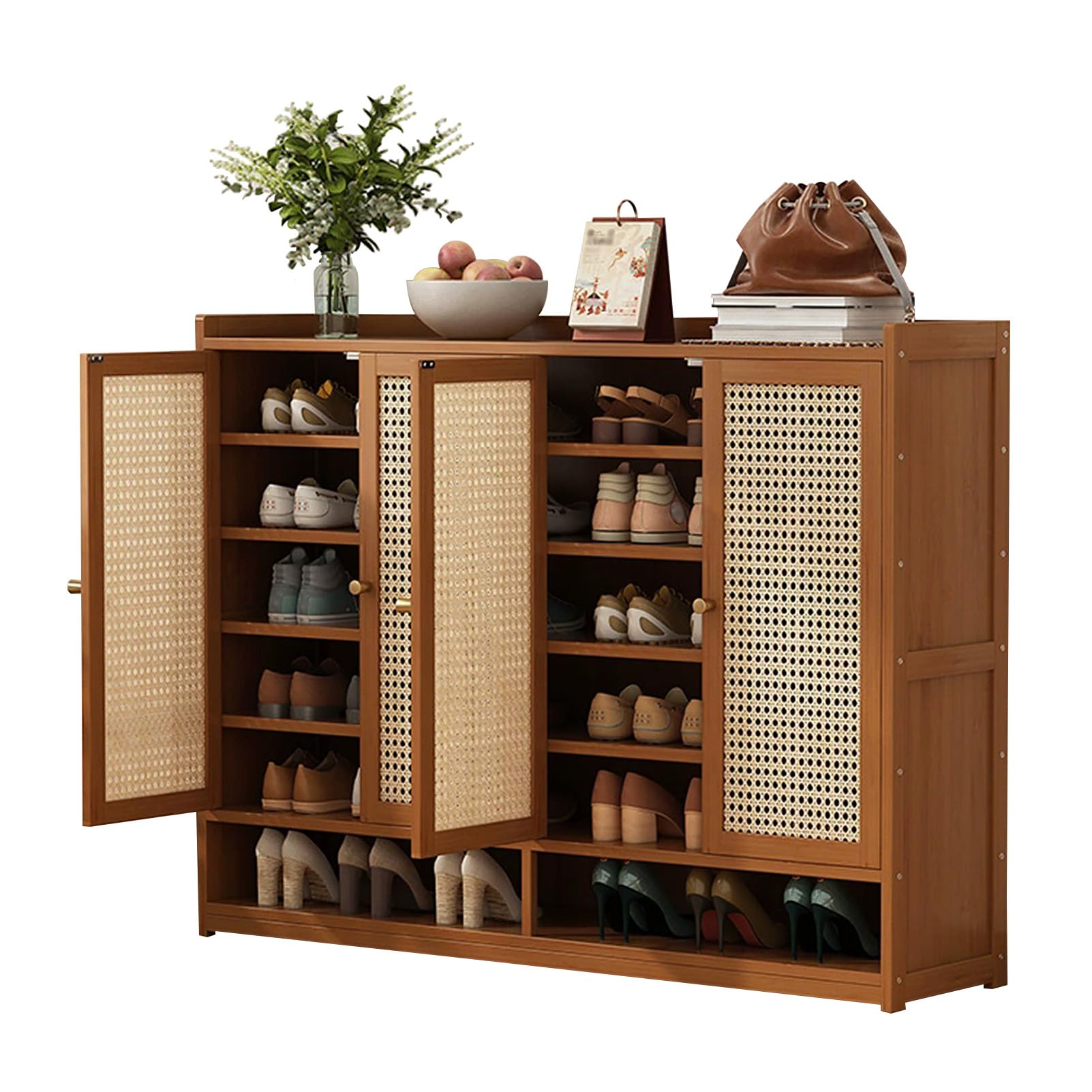 Scarpiera in bambù con 7/8 ripiani e ante in rattan, scarpa autoportante per ingresso e soggiorno, elegante soluzione per riporre scarpe e accessori