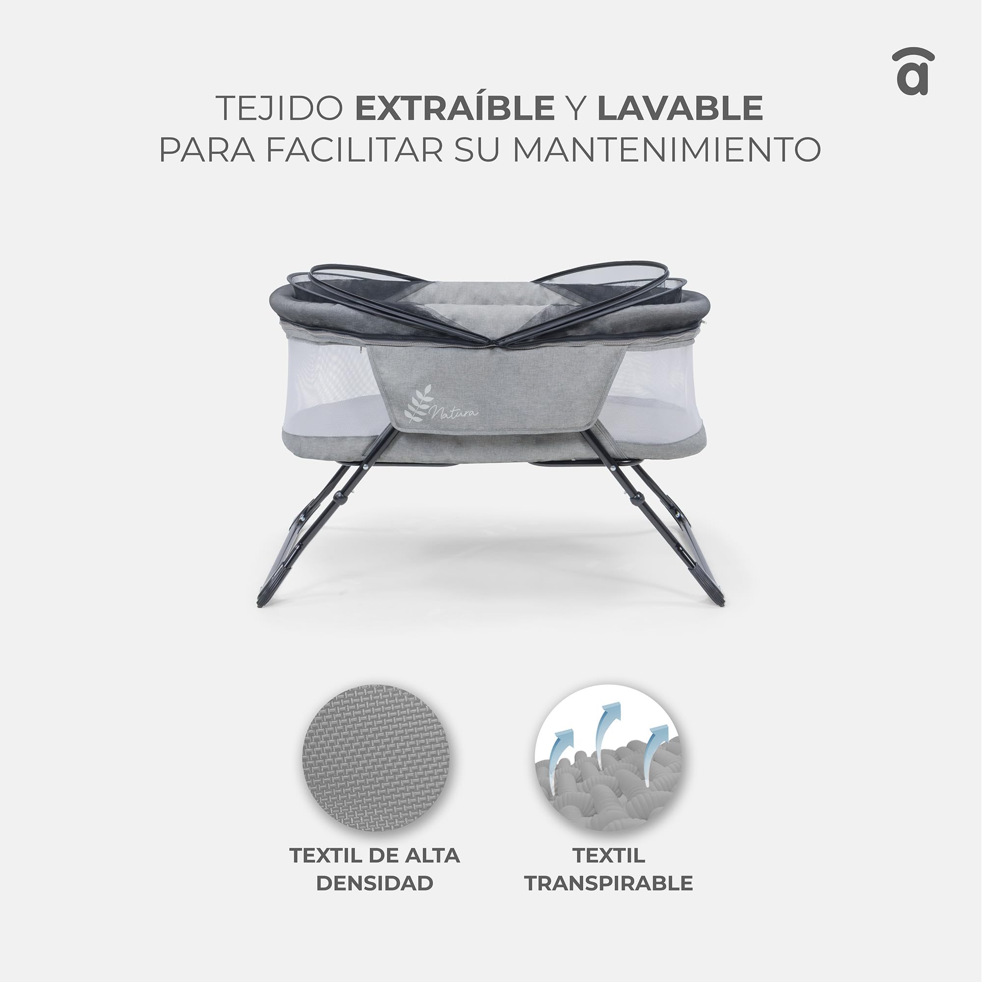 Asalvo Minicuna Plegable Trip Natura. Cuna Portátil para Bebé con Laterales Ventilados 10kg MAX. Incluye Mosquitera y Colchón Desenfundable. Fácil de Montar y Transportar. Diseño Elegante. Gris