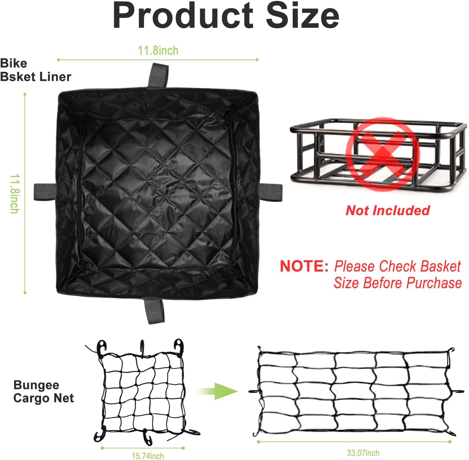 Bike Basket Liner with Adjustable Cargo Net, Thickened Reusable Bicycle Basket Insert for Rear Rack & E-Bike Baskets, Fits Most Wire Bike Baskets (Basket Not Included)
