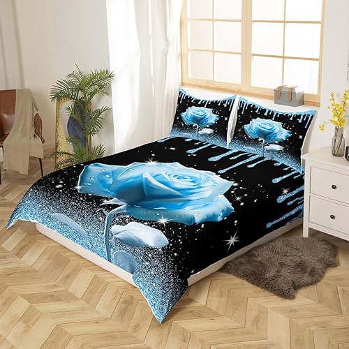 Miniatura 2 de Manfei Juego de funda de edredón de rosa azul 3D, tamaño matrimonial, funda de edredón brillante con purpurina azul con 2 fundas de almohada, juego