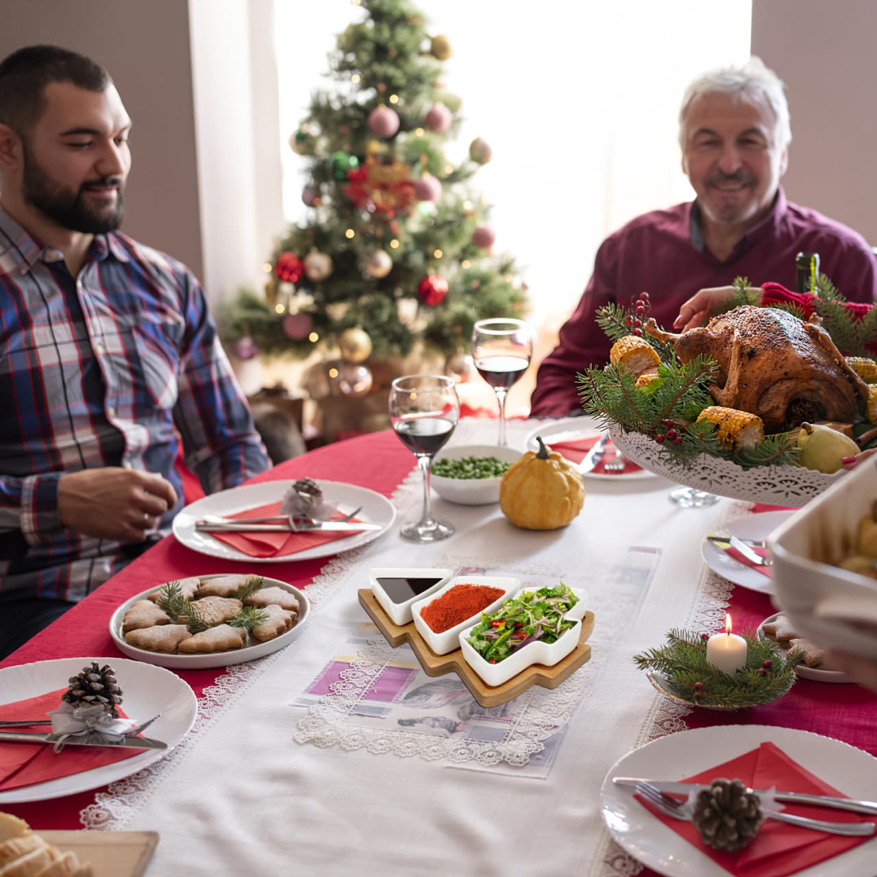 Angoily Plats de service en céramique pour dessert, plateau de service pour fête, plateau de fruits, plateau de collation, assiette d'apéritif, assiette à gâteau de Noël, plateau de palette en bambou,