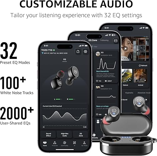 Miniatura 7 de TOZO Auriculares inalámbricos T10 con Bluetooth 5.3, ecualización personalizable, diseño ergonómico, tiempo de reproducción de 55 horas, estuche de
