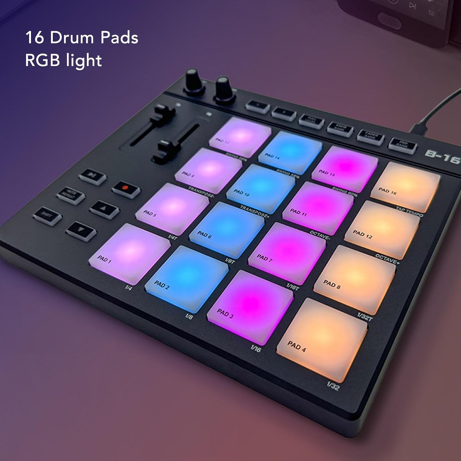 MIDI Controller Pads, Portable MIDI Controller with 16 Drum Pads, 2 Assignable Fader Knobs, Customizable Keys, for Music Production