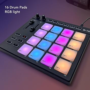 Professional MIDI Pad Controller, Beat Maker Machine with 16 Drum Pads & 2 Assignable Fader Knobs, RGB Portable Pad Drum Machine, for Beginner Music Production