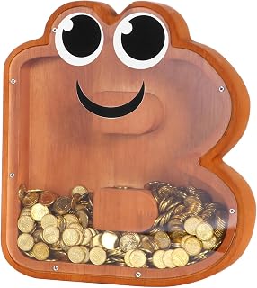 Wooden Piggy Bank Letter Money Bank Personalized Coin Bank Alphabet B Money Saving Box with Cute Eye Sticker for Kid DIY Home Decoration