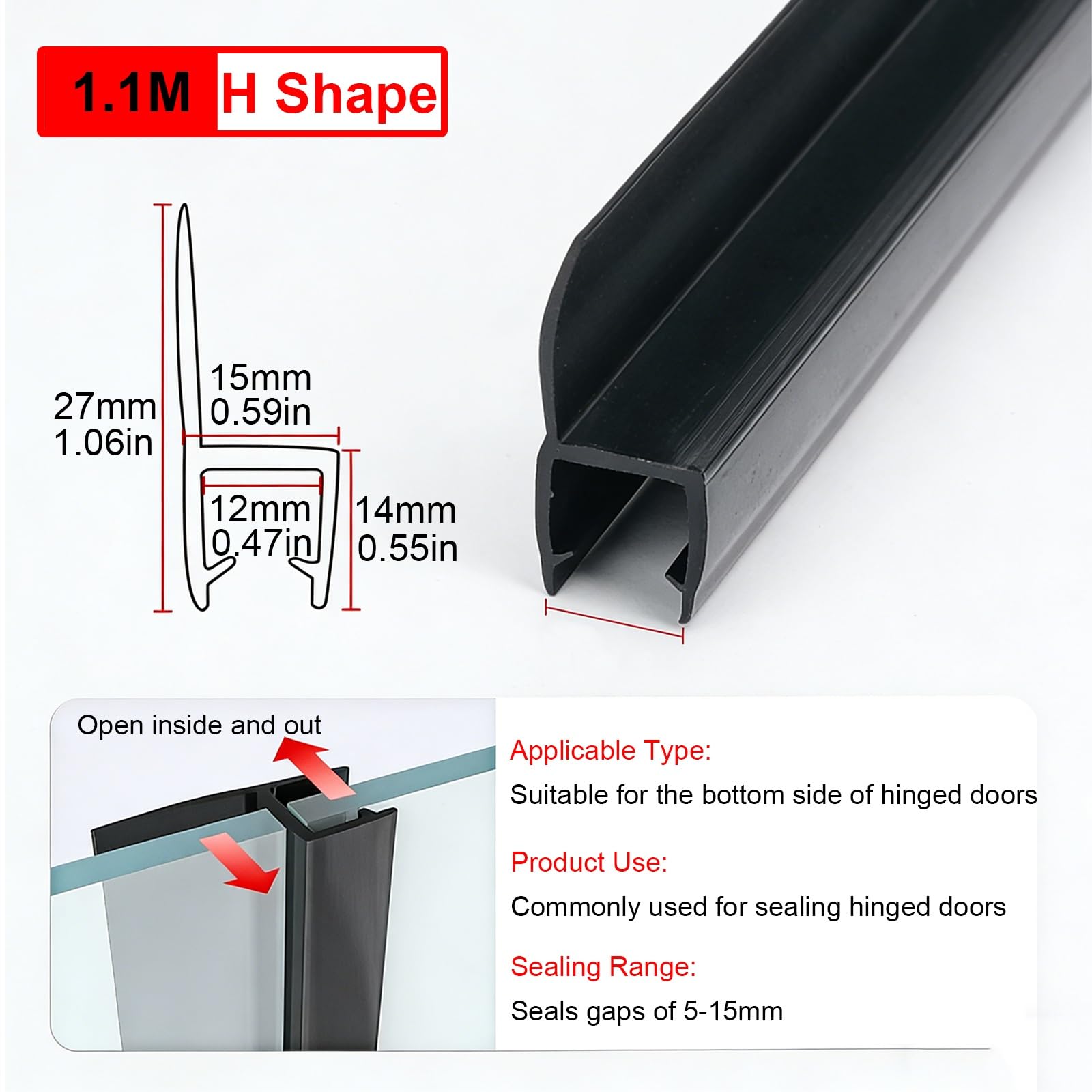 1.1 m Duschdichtungen für Duschtüren, PVC-Dichtung Dusche Glastür, H/F/U-Typ, Verhindert Leckagen Und Wasserschäden, Schwarz, 2er-Pack(H-12mm)