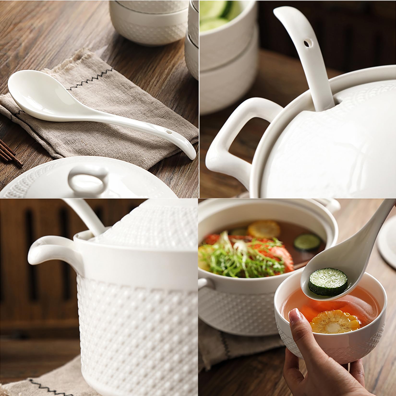 Soupière avec Bols, Soupe Service Bol en Porcelaine avec Couvercle et Louche Ensemble de Vaisselle Blanche pour la Cuisine à Domicile et Le Restaurant,3.6l+6