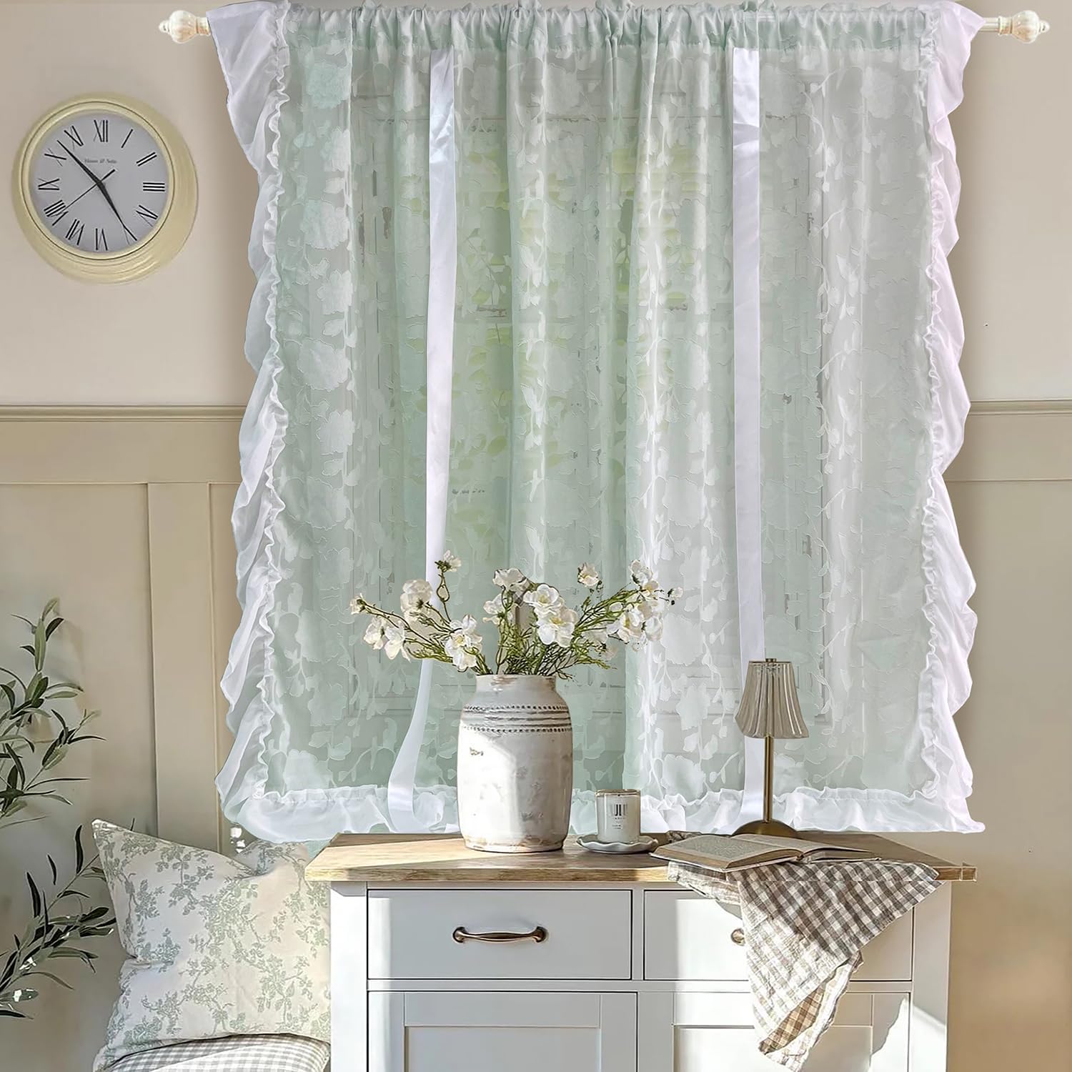 Tie Up Sheer Balloon Curtain Green Peony Jacquard Curtain Valance for Kitchen Bathroom Light Filtering Floral Farmhouse Valance Roman Shade Living Room Small Window 1 Panel,W57 x L71 inch