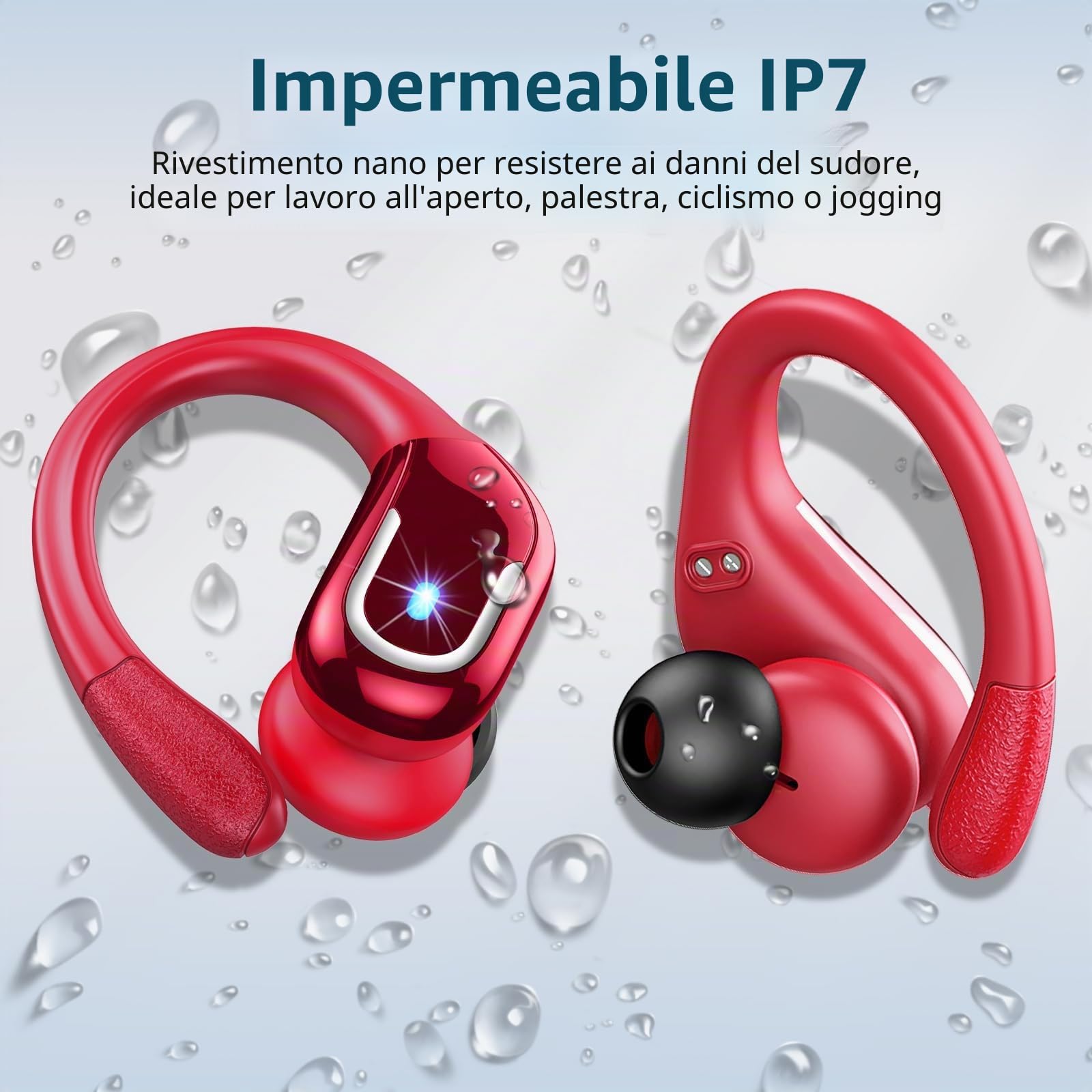Ltinist Cuffie,Auricolari Bluetooth 5.3 con 3D Stereo HiFi,75H Cuffie Wireless con ENC Riduzione Rumore Mic,IP7 Impermeabili Cuffiette Senza Fili Sport Compatibili Android/iOS,LED Display,Rosso