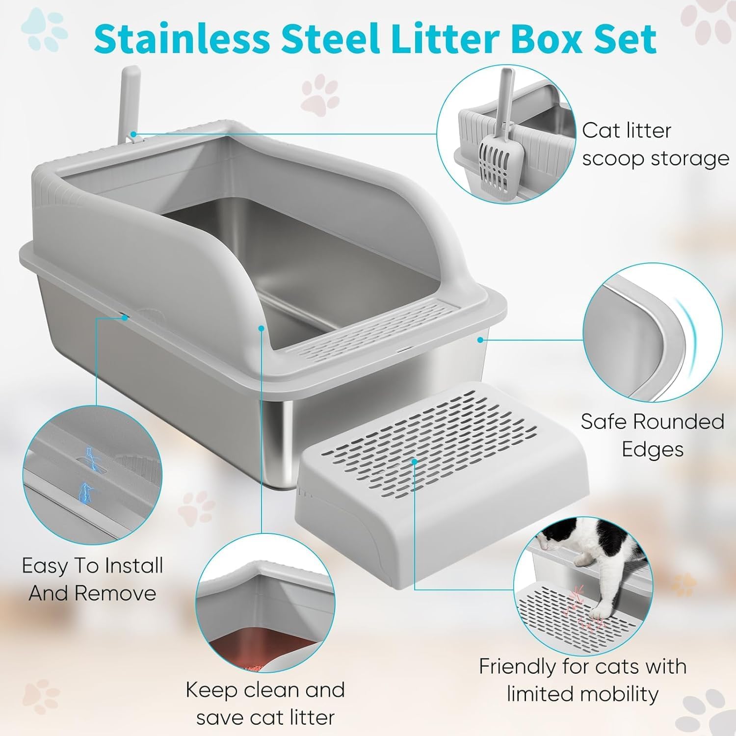 Stainless Steel Cat Litter Box with Lid, Extra Large Metal Litter Boxes for Big Cats & Kitten, XL High Sided Litter Box,Odorless,Non-Stick,Easy Cleaning, Step & Scoop Included (XXL-2PK, Count, 2)