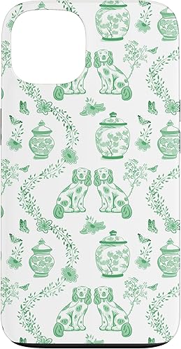 Funda para iPhone 13 Preppy Green & White Toile Chinoiserie Dogs and Ginger Jars Funda para iPhone 13 Preppy Green & White Toile Chinoiserie Dogs and Ginger Jars