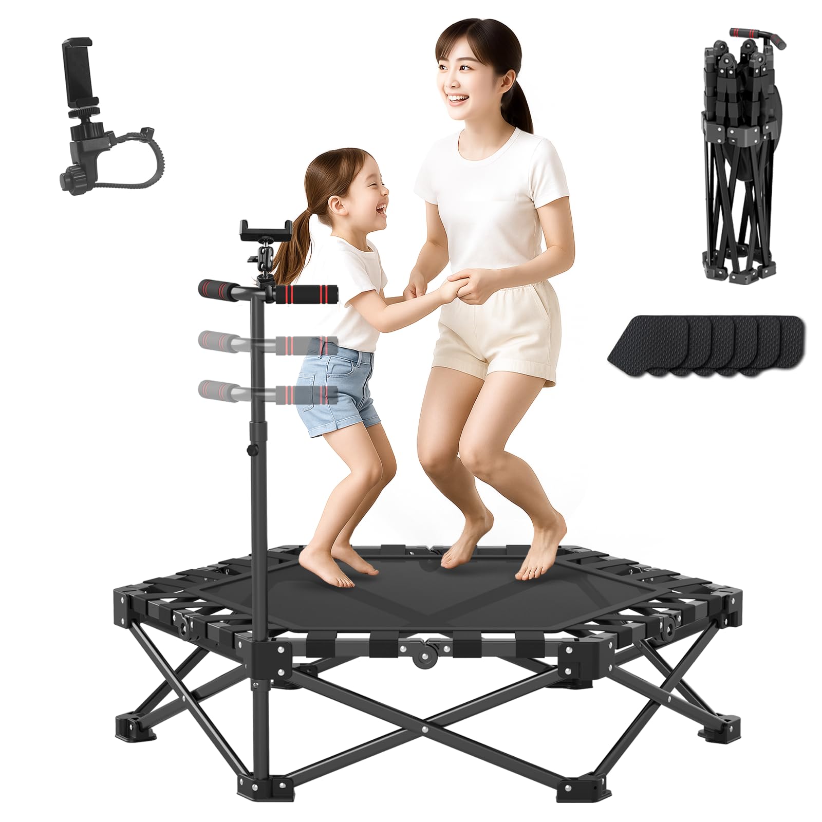 トランポリン 子供 室内 大人用 15秒 折りたたみ 組み立て不要 【2025年New】 スマホホルダー付き 手すり付き 3段階調節 静音 全鋼構造 Amazon | トランポリン 子供 室内 大人用 15秒 折りたたみ 組み立て