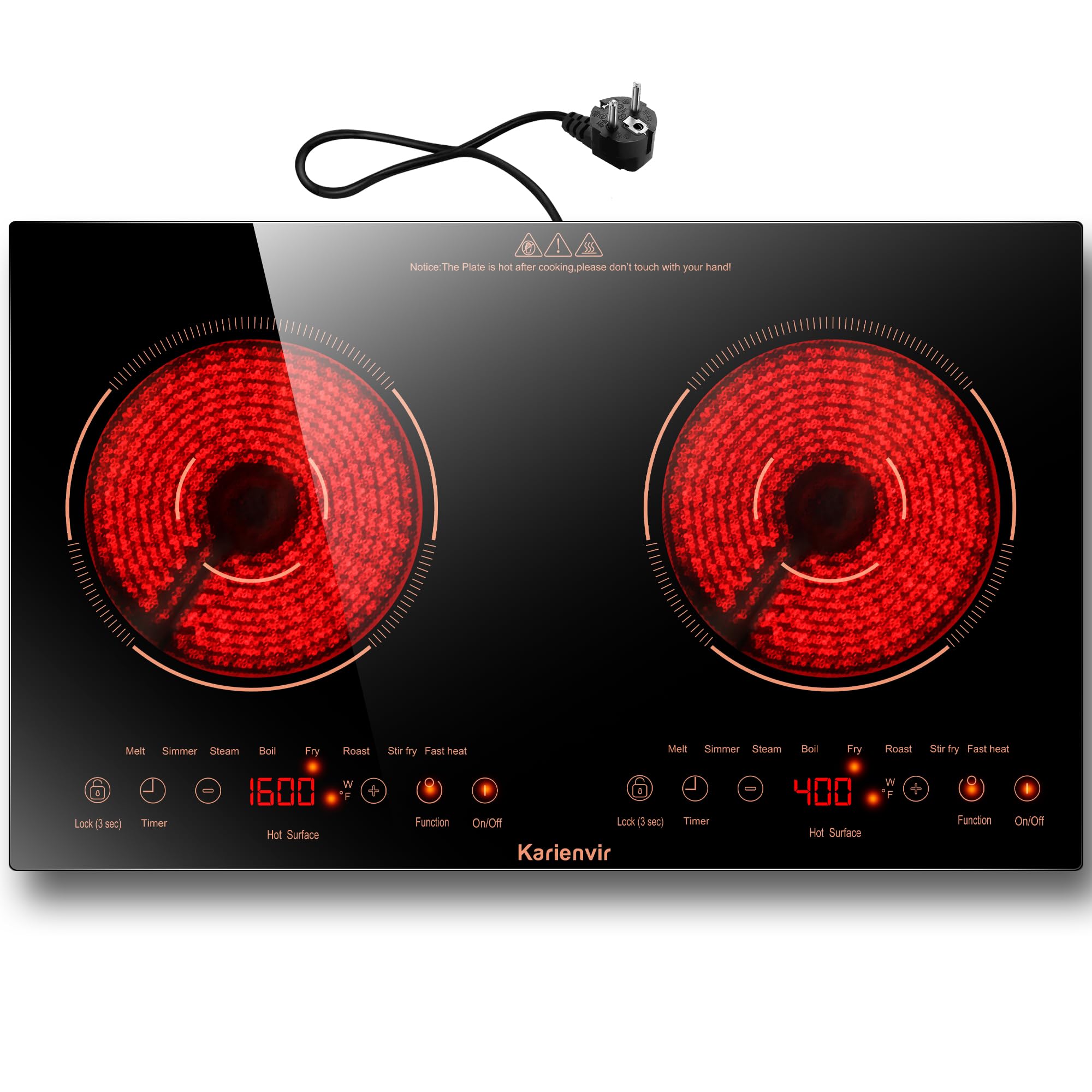 Karienvir Hob ceramic hob 2 burners 3600W, portable plate, infrared heating, safety lock for children, timer with plug, 8 speeds, orange trim