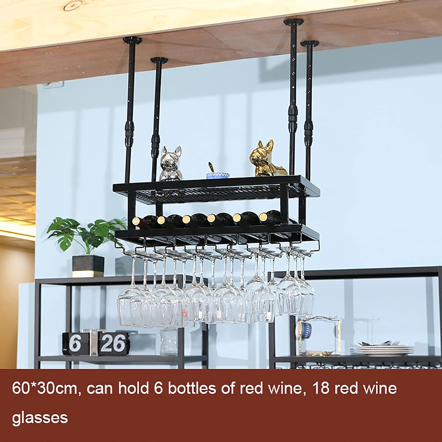 Hanging Wine Glass Holder Ceiling Mounted Hanging Iron Wine Rack,Adjustable Height,2-Layer Storage Rack,Wine Glass Shelf,Wine Bottle Holder,for Bars Restaurants Kitchens