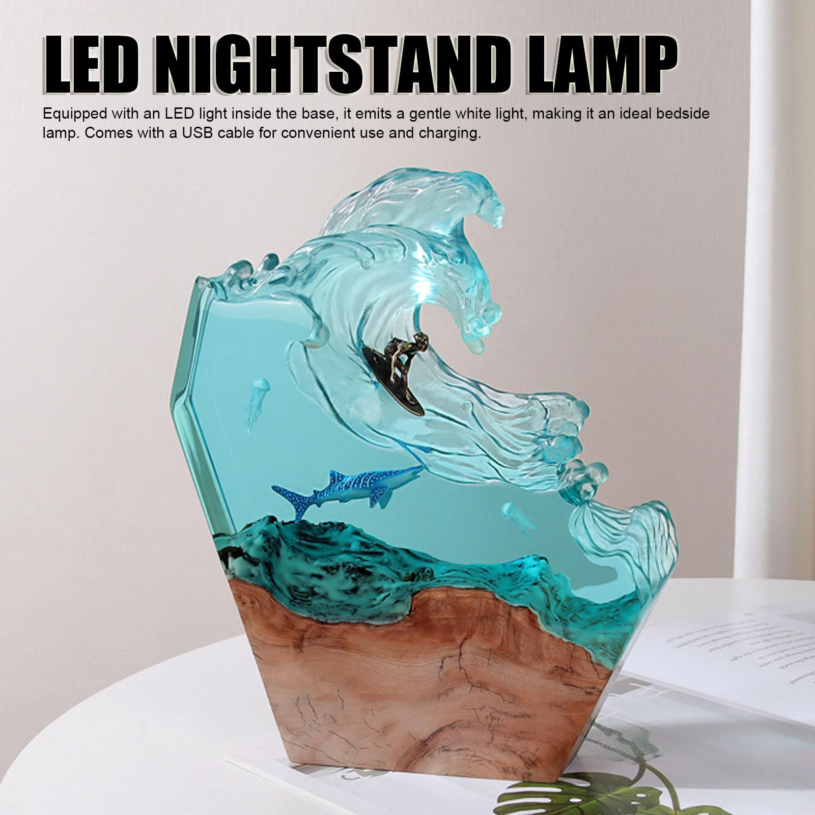 RIZGHWOY Lampada da Scrivania in Legno di Resina con Luce Notturna a LED Fatta a Mano, Lampada da Comodino 3D per L'arredamento della Camera da Letto, Luce Bianca