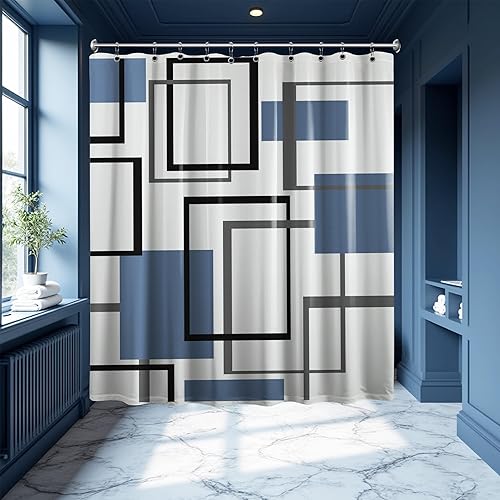 Miniatura 25 de Cortina de ducha geométrica en blanco y negro para decoración de baño de hombre, juego de cortinas de baño en blanco y negro, tela impermeable con