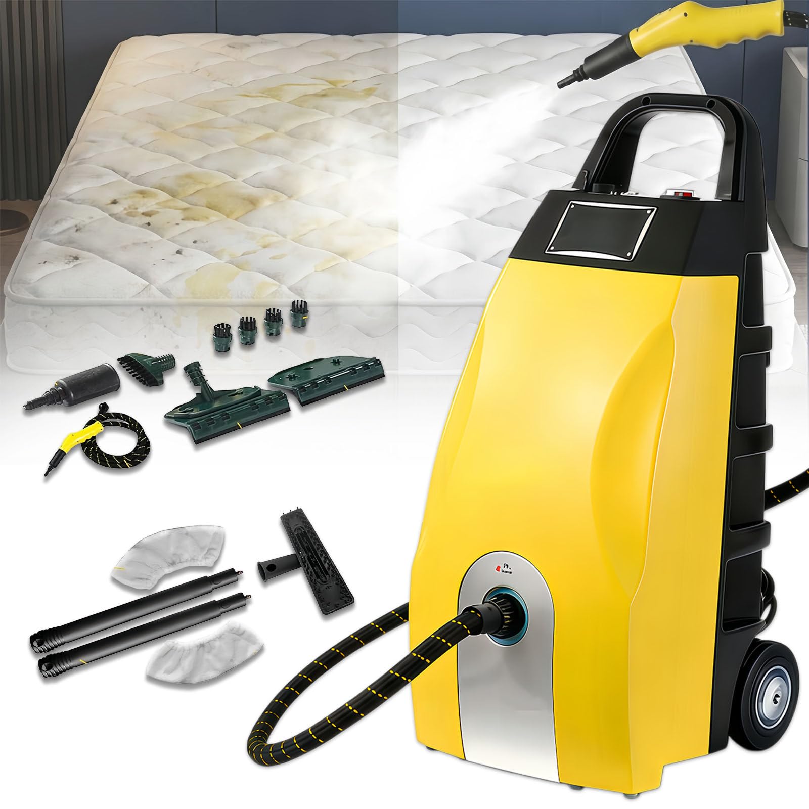 Glowdora 3000w High-Pressure Steam Cleaner-3.5l Large Capacity Steam Engine, Effectively Cleans Kitchen Grease, Carpets, Sofas, Mattresses And Tiles, Suitable For Home Use And Car Cleaning Yellow