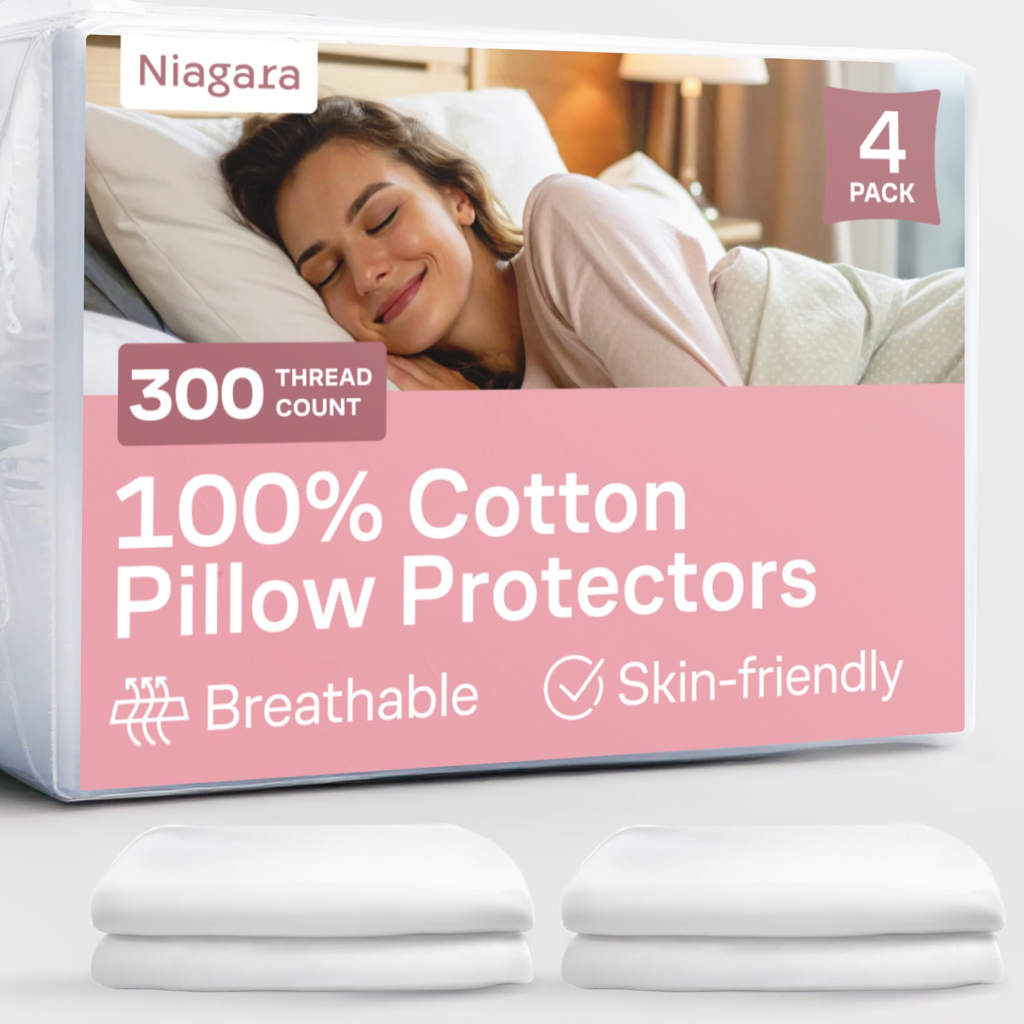 Photo 1 of 100% Cotton 4-Pack Pillow Protectors with Zipper Standard Size – 100% Resistant to Stains, Dust & Dirt – Washable Covers for Increased Pillow Lifespan