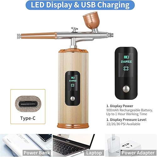Miniatura 5 de Kit de aerógrafo con compresor de pantalla LCD de 36 PSI, modo de doble acción, aerógrafo inalámbrico mejorado para uñas, maquillaje, pintura, pastel