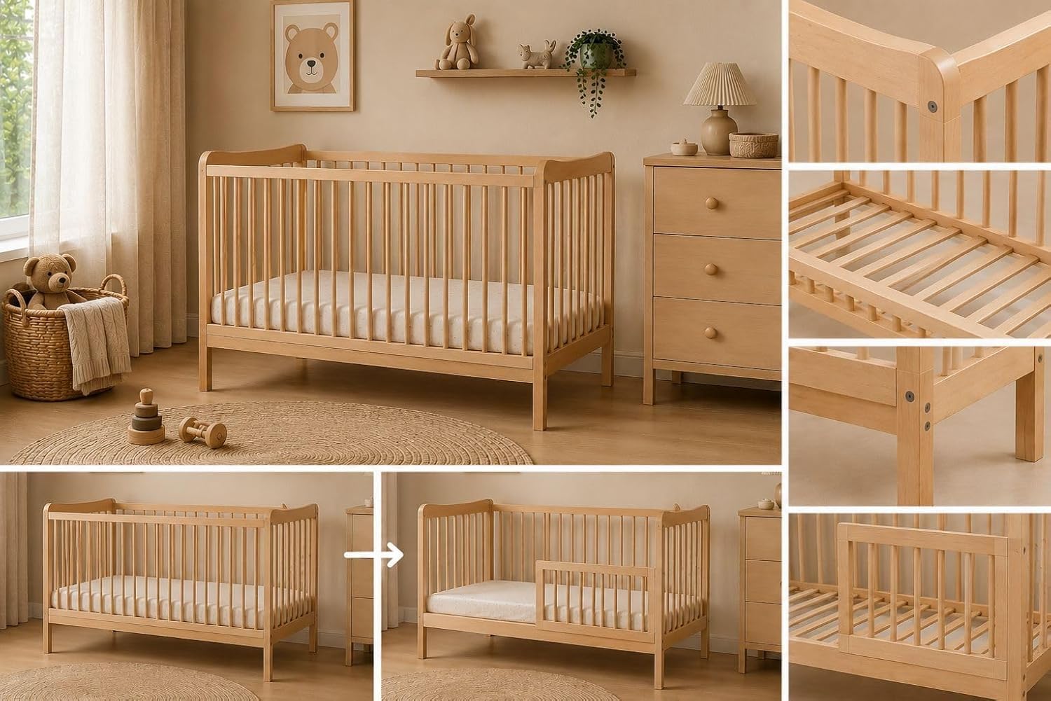 Lit bébé Sasha 120x60 cm Bois de hêtre Transformable lit Junior barrière sécurité 3 positions