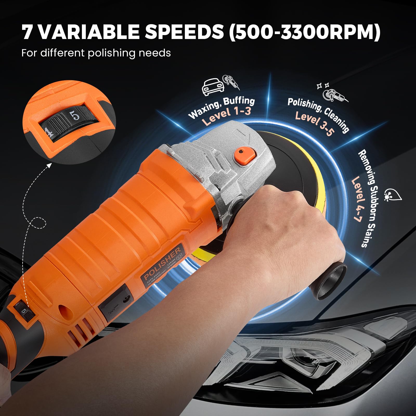 Pulidora Coche 1580W, 7 Velocidades Variables, 500-3300 RPM, D-Mango Desmontable/Mango Lateral, Pulidora Coche para Pulir Coche y Encerar