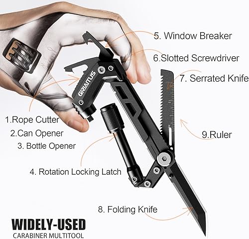 Miniatura 2 de Mosquetón multiherramienta 8 en 1 con mosquetones EDC cuchillo de bolsillo, cuchillo dentado, cortador de cuerda, destornillador, abrebotellas,