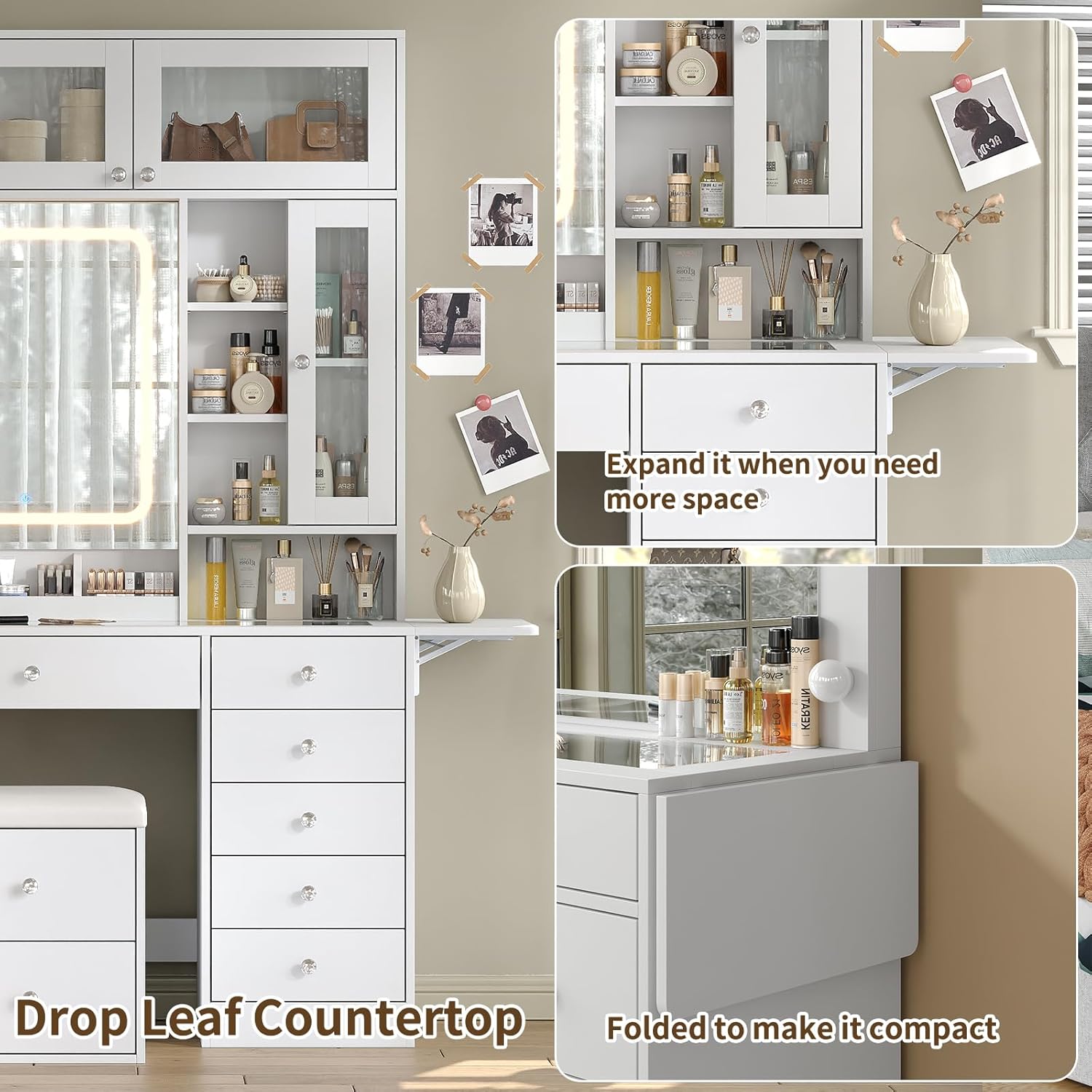 72'' Tall Vanity Desk with LED Mirror, 6 Drawers Makeup Vanity with Charging Station, 2 Transparent Cabinets & 3 Shelves, Glass Top Vanity Set with Storage Stool for Bedroom, White