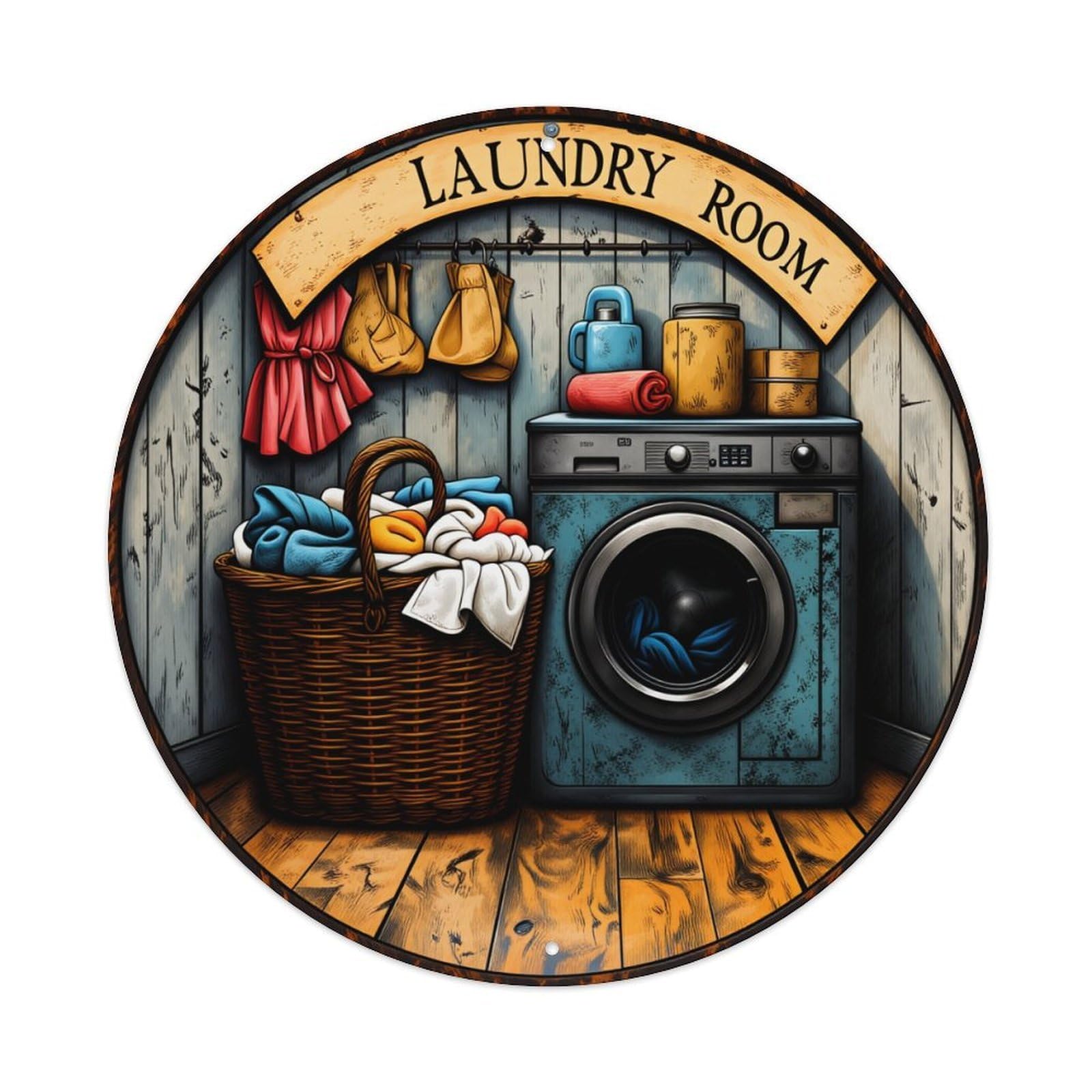 Laundry Room Basket Clothes Washer Wooden Floor Round Vintage Tin Sign,Retro Wall Art,Metal Poster for Home, Bar, Garage, Cafe, Rustic Indoor & Outdoor Decor, 8x8 Inches