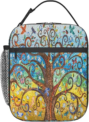 Oplp Colorida bolsa de almuerzo con diseño de árbol de la vida, mosaico, mariposa, pájaros, bolsa de comida aislada, contenedor de alimentos para la